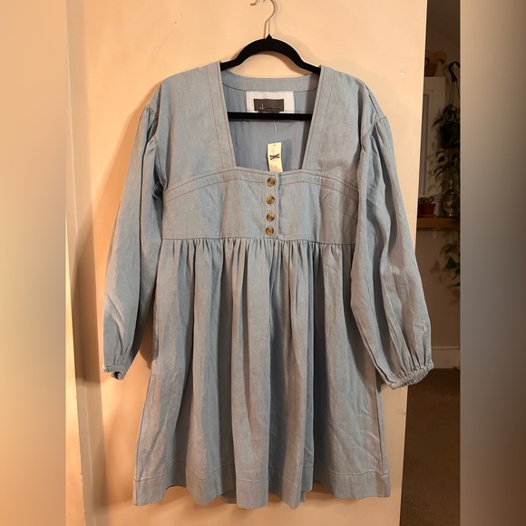Anthropologie Long-Sleeve Square-Neck Denim Mini Babydoll Dress Size S - Picture 4 of 6